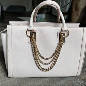 JustFab Cream Satchel with Gold Chain Accents